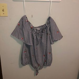 off the shoulder plaid blouse!